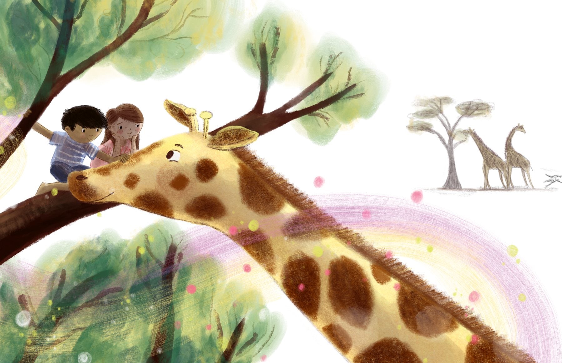 Illustrated giraffe spread from Magic in my Marks
